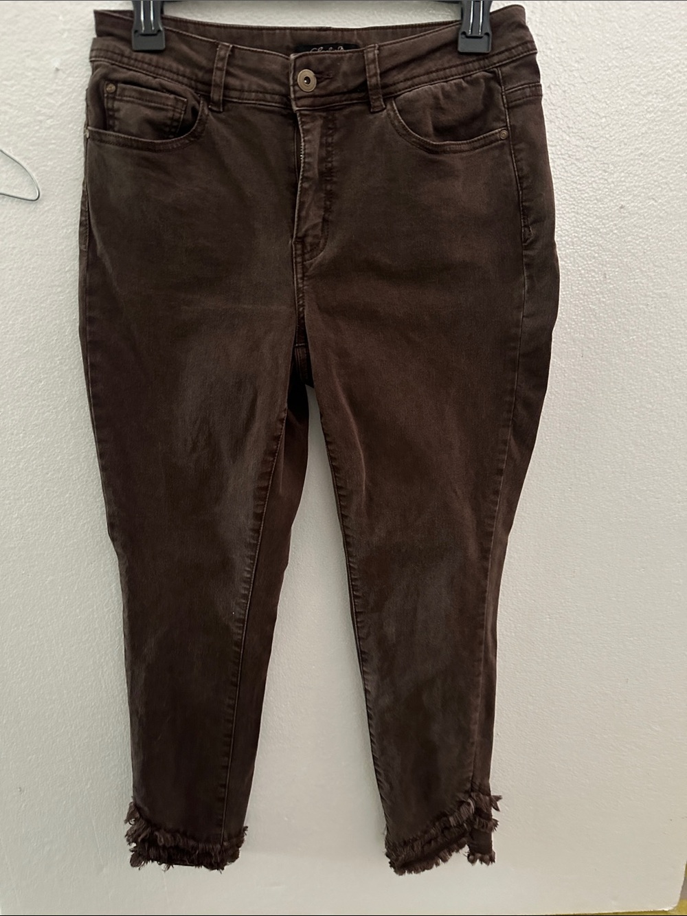 CHARLIE B Dark Brown Ankle Frayed-Hem Jeans
